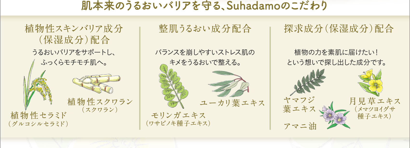 肌本来のうるおいバリアを守る、Suhadamoのこだわり