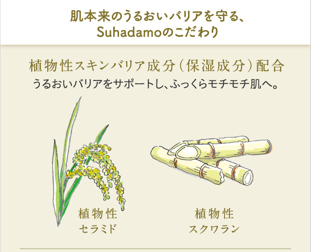 肌本来のうるおいバリアを守る、Suhadamoのこだわり /植物性スキンバリア成分（保湿成分）配合