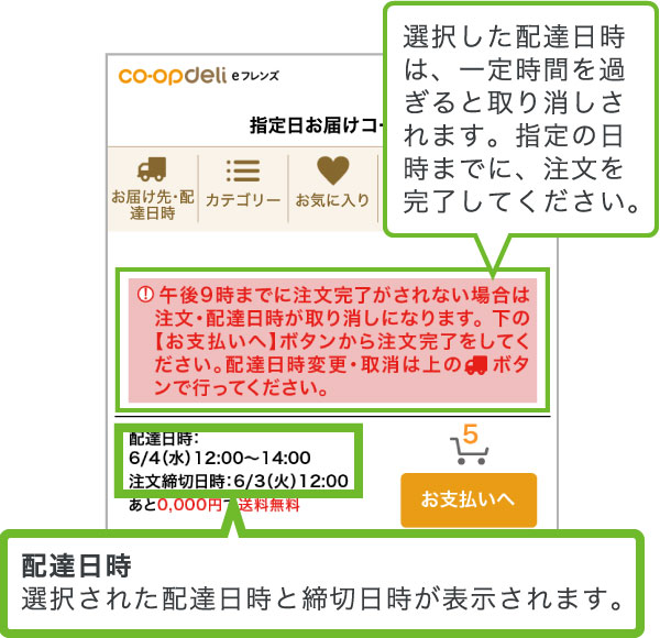 【2】配達日時の選択が完了すると、お買物をお楽しみいただけます。