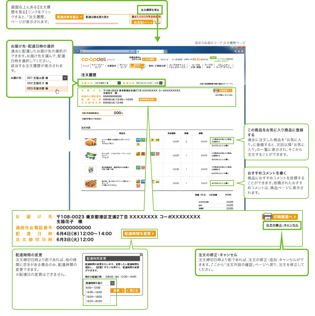 画面右上にある【注文履歴を見る】リンクをクリックすると、「注文履歴」ページが表示されます。お届け先と配達日時を選択すると、それぞれの注文内容を確認することができます。