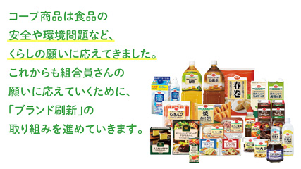 コープ商品は食品の安全や環境問題など、くらしの願いに応えてきました。これからも組合員さんの願いに応えていくために、「ブランド刷新」の取り組みを進めていきます。