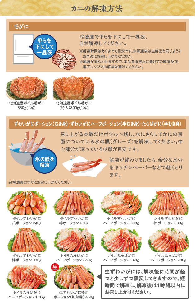 カニの解凍方法　毛がに：冷蔵庫で甲らを下にして一昼夜、自然解凍してください。 ずわいがにポーション（むき身）・ずわいがにハーフポーション（半むき身）・たらばがに（半むき身）：召し上がる本数だけボウルへ移し、水にさらしてかにの表面についている氷の膜（グレーズ）を解凍してください。中心部分が凍っている状態が目安です。