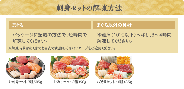 刺身セットの解凍方法　まぐろ：パッケージに記載の方法で、短時間で解凍してください。　まぐろ以外の具材：冷蔵庫（10°C以下）へ移し、3〜4時間解凍してください。