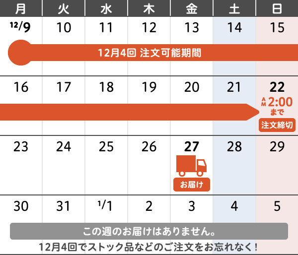 12月4回 年末年始のご注文・お届けカレンダー