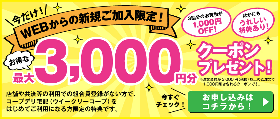 WEBからの新規ご加入限定！最大3,000円分クーポンプレゼント お申し込みはコチラから！